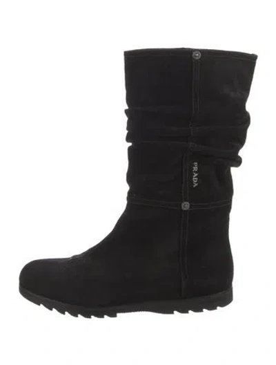 Pre-owned Prada Suede Leather Trim Embellishment Slouch Boots In Black