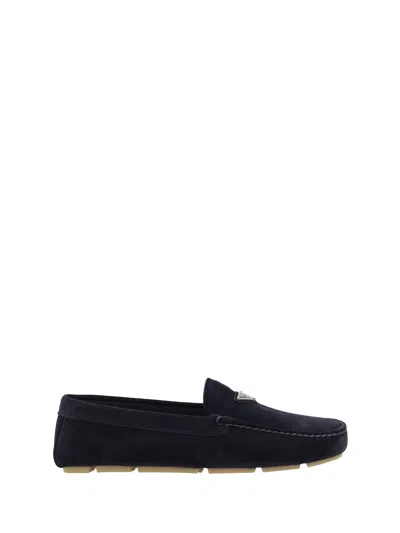 Prada Enamel-triangle-logo Suede Loafers In Blue