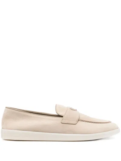 Prada Logo Plaque Almond Toe Loafers In Neutral