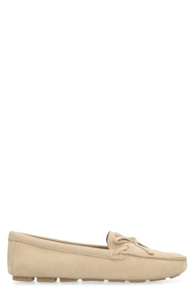 Prada Suede Bow Loafers With Stitched Seams In Beige