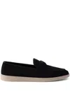Prada Almond Toe Suede Loafers With Rubber Sole In Black