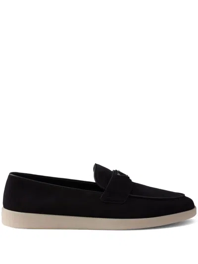 Prada Almond Toe Suede Loafers With Rubber Sole In Blue