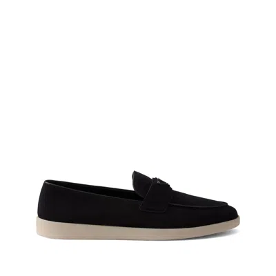 Prada Logo-plaque Suede Loafers In Blue