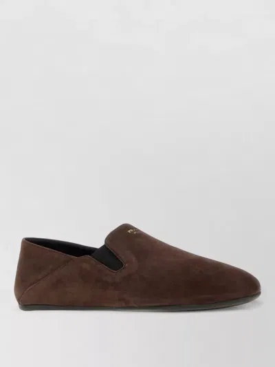 Prada Suede Loafers Flat Sole Round Toe In Brown