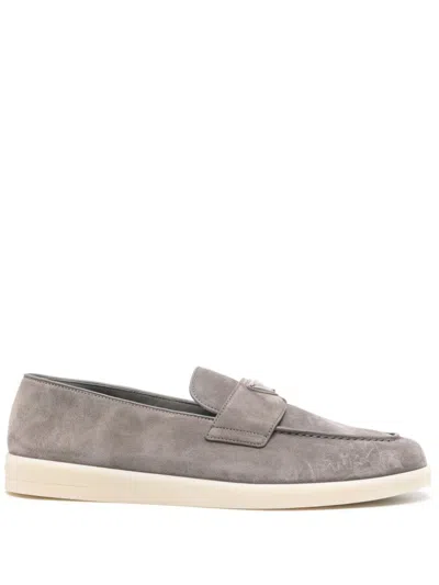 Prada Logo Suede Loafers In Gray