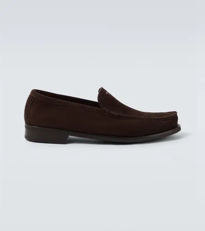 Prada Suede Loafers With Round Toe And Stitching In Brown