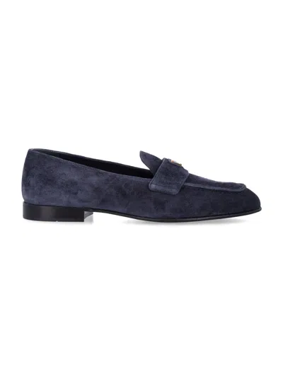 Prada Suede Loafers With Enamel Triangle Logo And Monoblock Sole In Blue