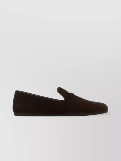 Prada Suede Loafers With Round Toe And Velvet Texture In Brown