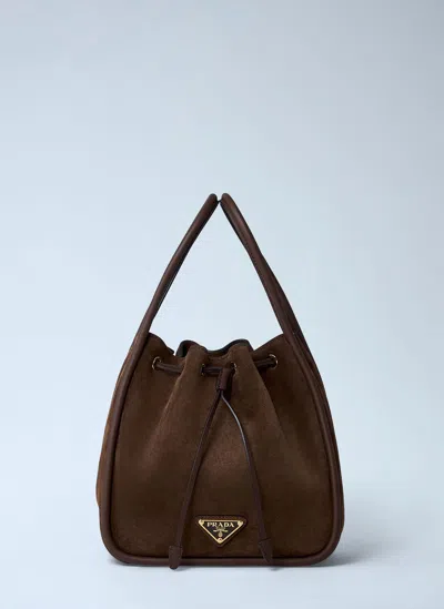 Prada Suede Logo Plaque Handbag In Brown