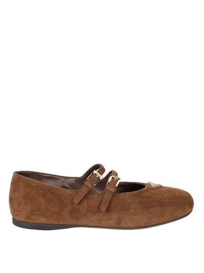 Prada Suede Mary Jane Flats In Brown