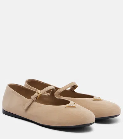 Prada Ballet Flats In Sand Suede Leather In Pink