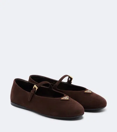 Prada Suede Ballerina Shoes Closed Toe Round Shape In Brown