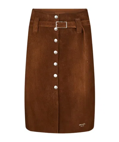 Prada Suede Midi Skirt In Burgundy