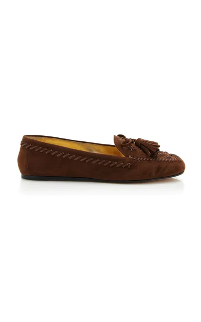 Prada Suede Moccasin Cacao With Embroidery And Tassels In Brown