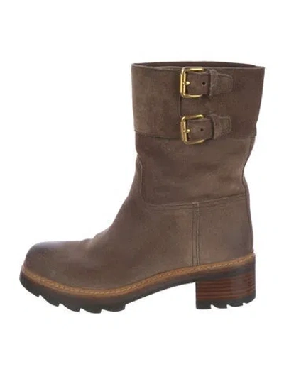 Pre-owned Prada Suede Moto Boots In Brown