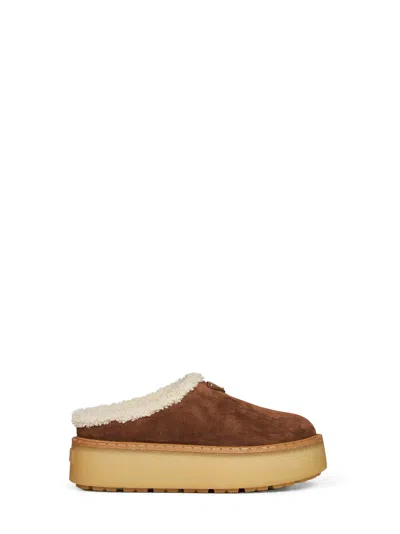 Prada Suede Mule With Sheepskin Lining Slipper In Brown