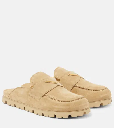 Prada Triangle-logo Suede Slippers In Beige Khaki