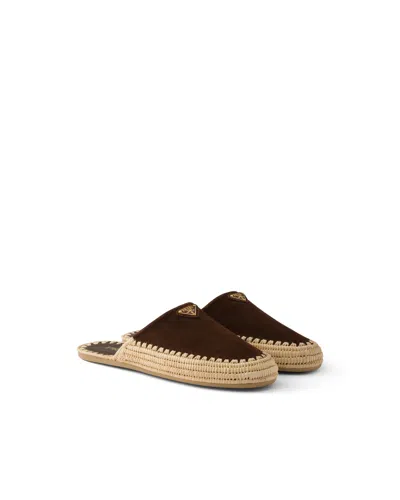 Prada Suede Mules In Brown