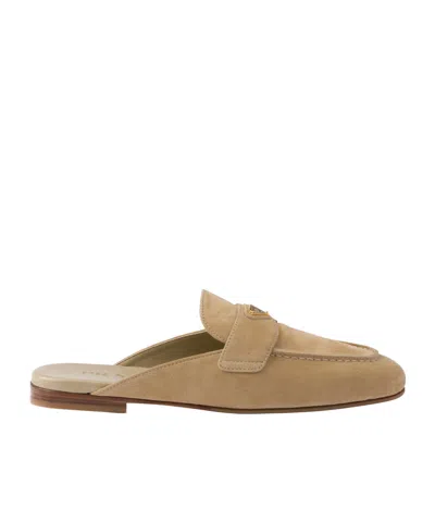 PRADA PRADA LOGO PLAQUE ALMOND TOE MULES