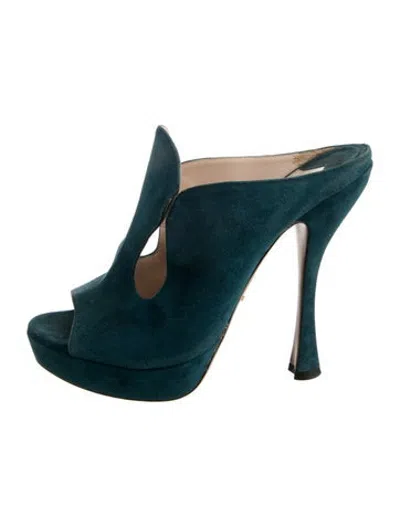 Pre-owned Prada Suede Mules In Green