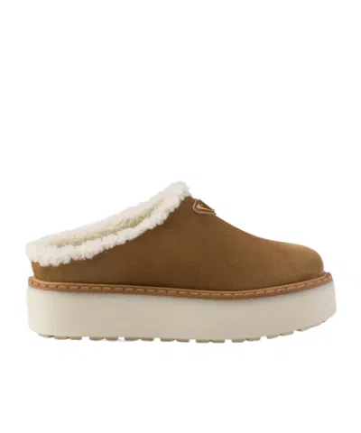 Prada Shearling Lining Suede Slippers In Neutral
