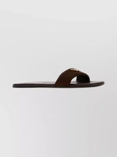 Prada Suede Open Toe Flat Sole Slides In Brown