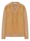Prada Relaxed Fit Camel Sweater With Deep V-neck And Suede-like Accents In Sand