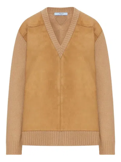 Prada Suede-panel V-neck Wool Sweater Clothing In Sand