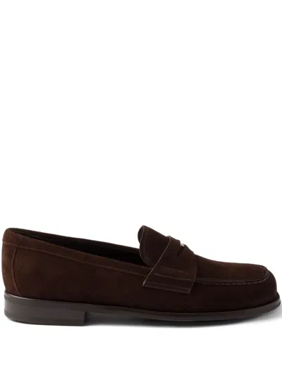 Prada Suede Penny Loafers In Brown