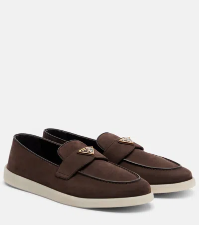 Prada Suede Penny Loafers In Brown