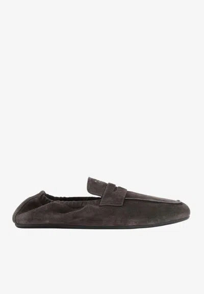 Prada Penny Loafers Suede Leather Flexible Sole In Gray