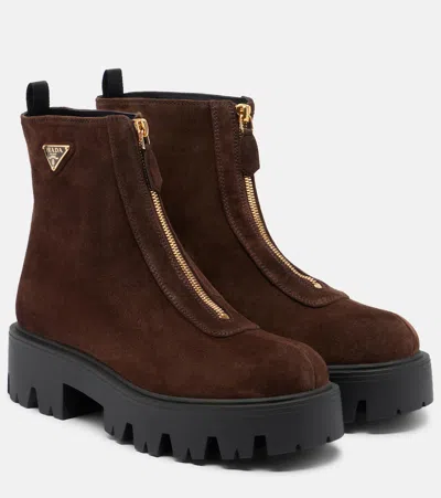 Prada Suede Platform Ankle Boots In Brown