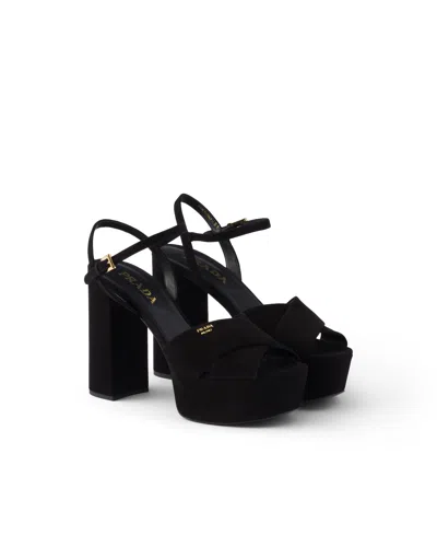 Prada Suede Platform Sandals In Black
