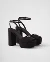 Prada Triangle Logo Ankle Strap Plaform Sandal In Black