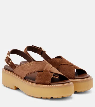 Prada Suede Platform Sandals In Brown
