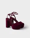 Prada Block Heel Open Toe Sandals With Suede Finish In Burgundy