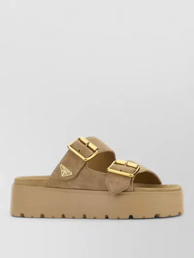 Prada Suede Platform Sandals Gold Tone Hardware In Brown
