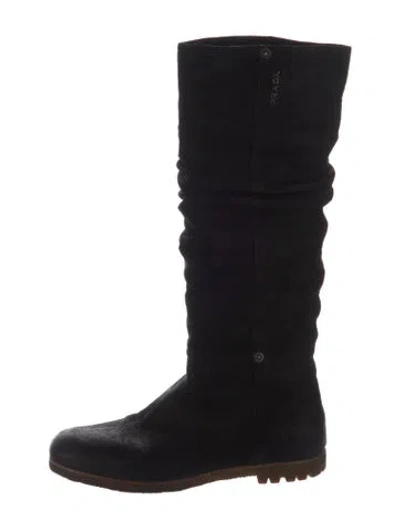 Pre-owned Prada Suede Pleated Accents Slouch Boots In Black