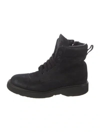 Pre-owned Prada Suede Printed Combat Boots In Black