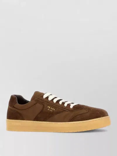 Prada Suede Renylon Sneakers Round Toe Design In Brown