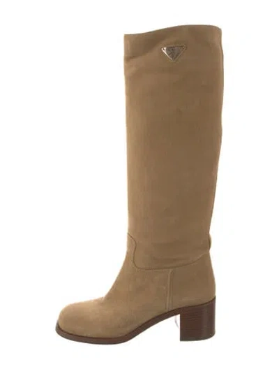 Pre-owned Prada Suede Riding Boots In Neutral