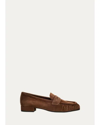 Prada Suede Ruched-toe Penny Loafers In Brown