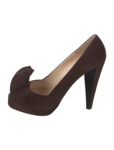 Pre-owned Prada Suede Ruffle Embellishment Pumps In Brown