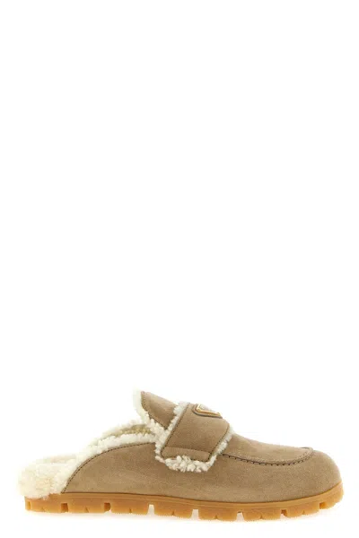 Prada Suede Sabots In Neutral