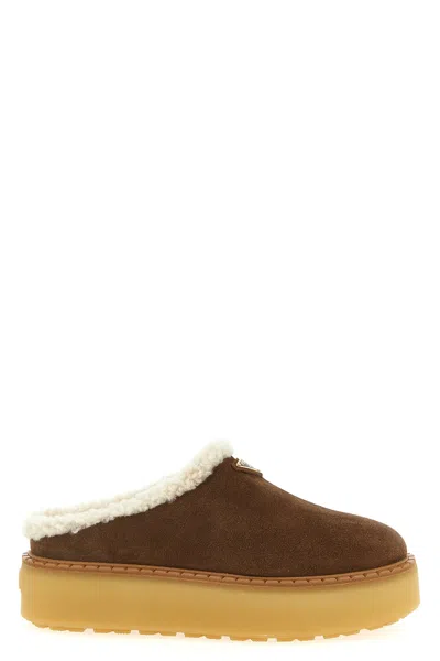 Prada Suede Sabots In Brown