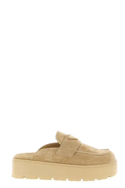 Prada Suede Sabots In Nude