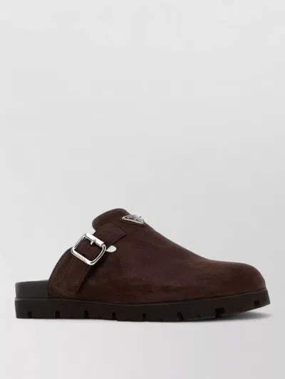 Prada Suede Sandals Slip On Buckle Detail In Brown