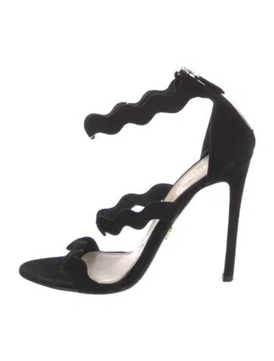 Pre-owned Prada Suede Scalloped Accent Sandals In Black