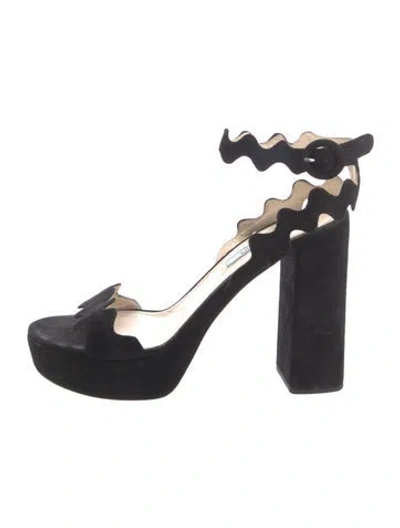 Pre-owned Prada Suede Scalloped Accent Sandals In Black
