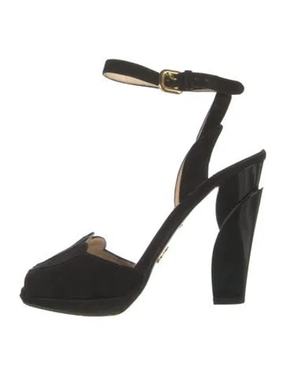 Pre-owned Prada Suede Scalloped Accent Sandals In Black